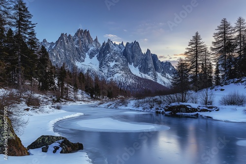 Lac gelé au pied des pics montagneux escarpés au coucher du soleil hivernal
