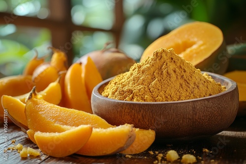 Fototapeta Naklejka Na Ścianę i Meble -  Lucuma powder with fresh cut fruits