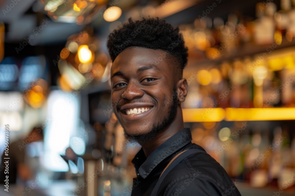 Naklejka premium Smiling portrait of a young African American male bartender