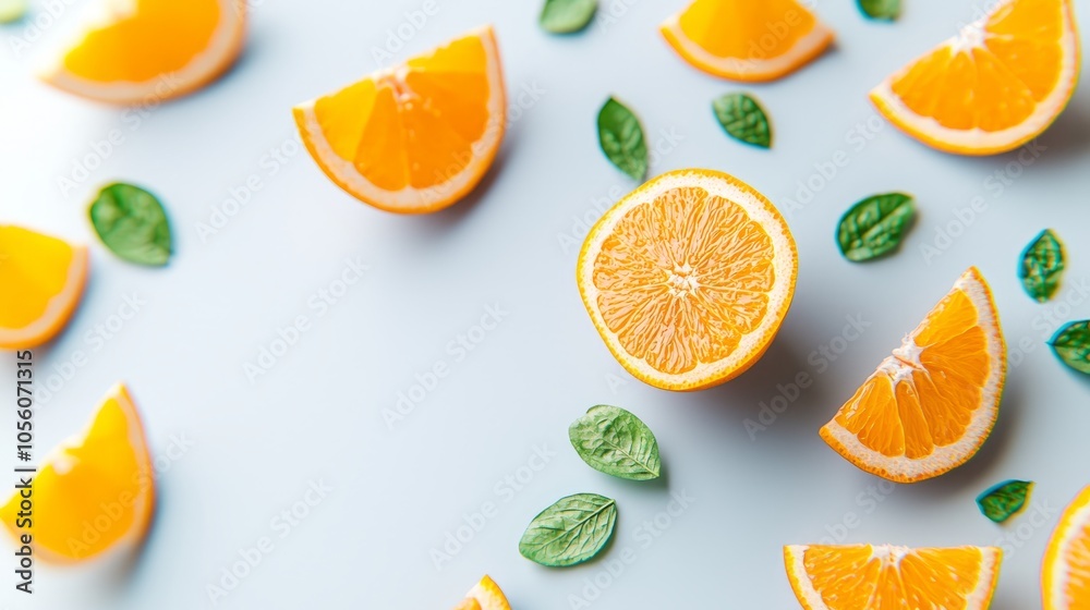 Slices of oranges with green leaves on a blue background. Slices of oranges with green leaves on a blue background.