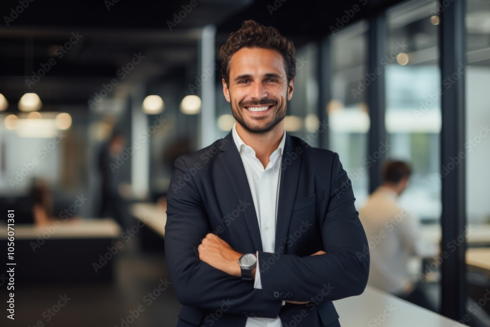 Fototapeta premium Smiling portrait of a young Caucasian businessman in modern office