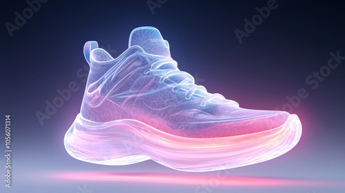 A stylish sneaker designed with a futuristic look, showcasing vibrant illumination against a dark background at a creative studio