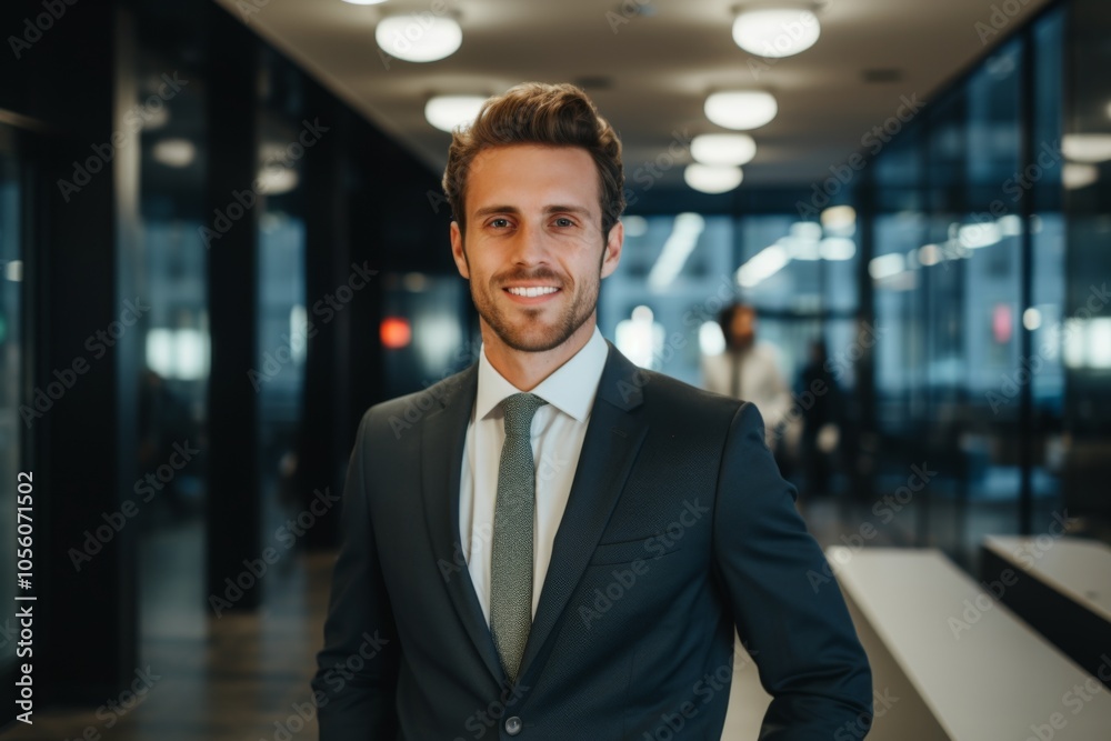 Smiling portrait of a young Caucasian businessman in modern office Smiling portrait of a young Caucasian businessman in modern office
