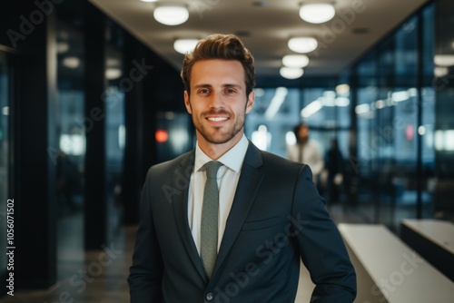 Smiling portrait of a young Caucasian businessman in modern office