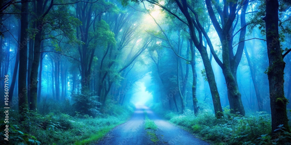 Naklejka premium Tranquil forest path in blue fog