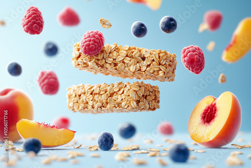 Fototapeta Naklejka Na Ścianę i Meble -  Healthy nutrition muesli and granola snack bar with fresh fruits ingredients peach, blueberries and raspberries flying on blue background.