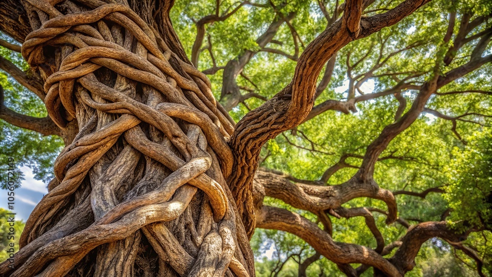 tree covered in twisted vine and textured bark tree covered in twisted vine and textured bark