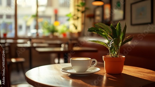 A cup of cappuccino on a wooden table in a cafe, next to a potted plant, with sunlight streaming through the window.