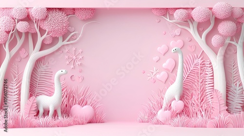Fototapeta Naklejka Na Ścianę i Meble -  Two white dinosaurs standing in a pink forest, facing each other, with pink hearts floating in the air between them.
