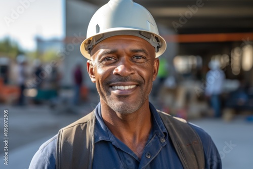 Smiling portrait of a middle aged African American businessman on construction site