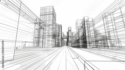 urban architecture, cityscape, linear design A monochrome representation of a futuristic city featuring wireframe buildings and a broad central avenue that stretches into the distance