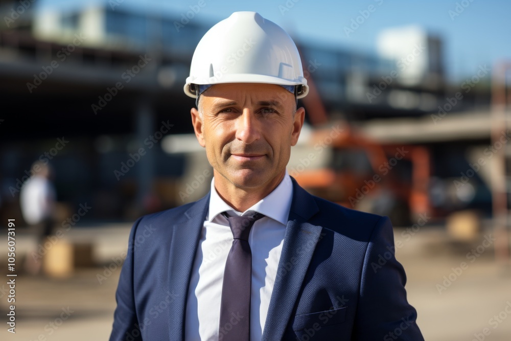 Smiling portrait of a middle aged Caucasian businessman on construction site Smiling portrait of a middle aged Caucasian businessman on construction site