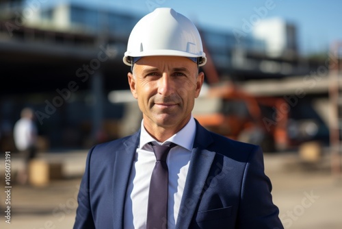 Smiling portrait of a middle aged Caucasian businessman on construction site