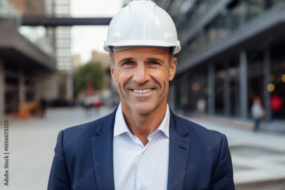 Smiling portrait of a middle aged Caucasian businessman on construction site Smiling portrait of a middle aged Caucasian businessman on construction site