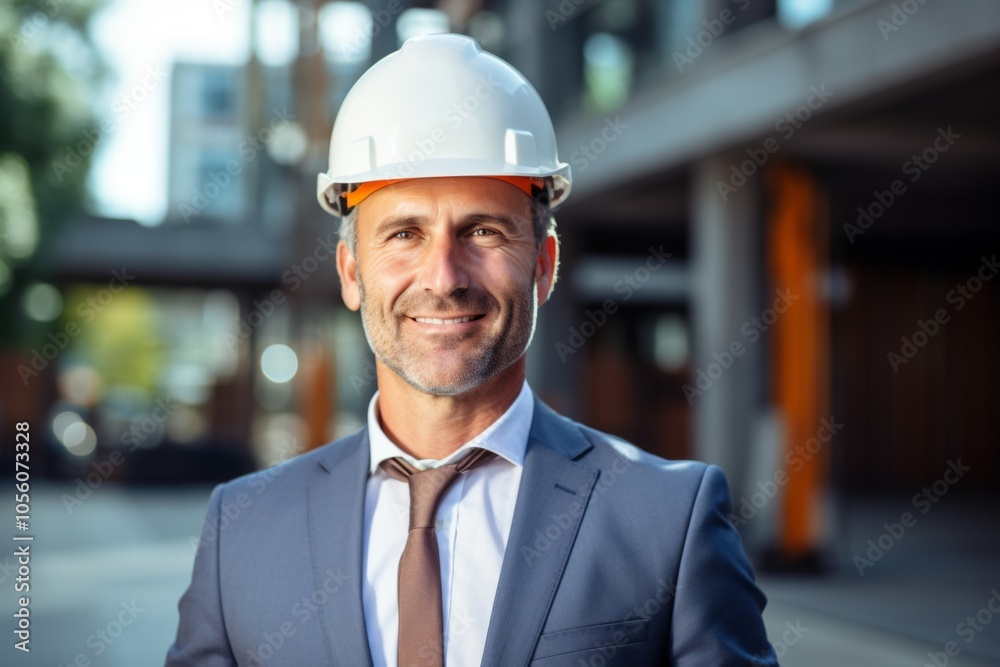 Smiling portrait of a middle aged Caucasian businessman on construction site Smiling portrait of a middle aged Caucasian businessman on construction site