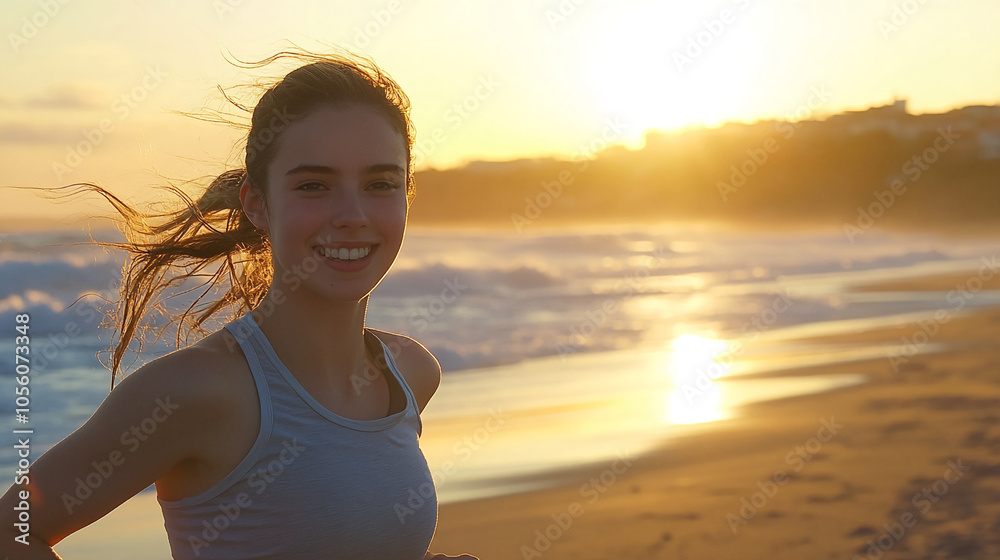 A woman smiles brightly as she walks along the beach at sunset A woman smiles brightly as she walks along the beach at sunset
