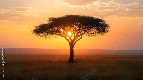 A sunrise over the savanna with an acacia tree silhouetted against the early morning sky in Tanzania, Africa.