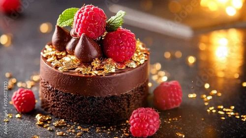 Decadent Chocolate Raspberry Cake with Gold Leaf 