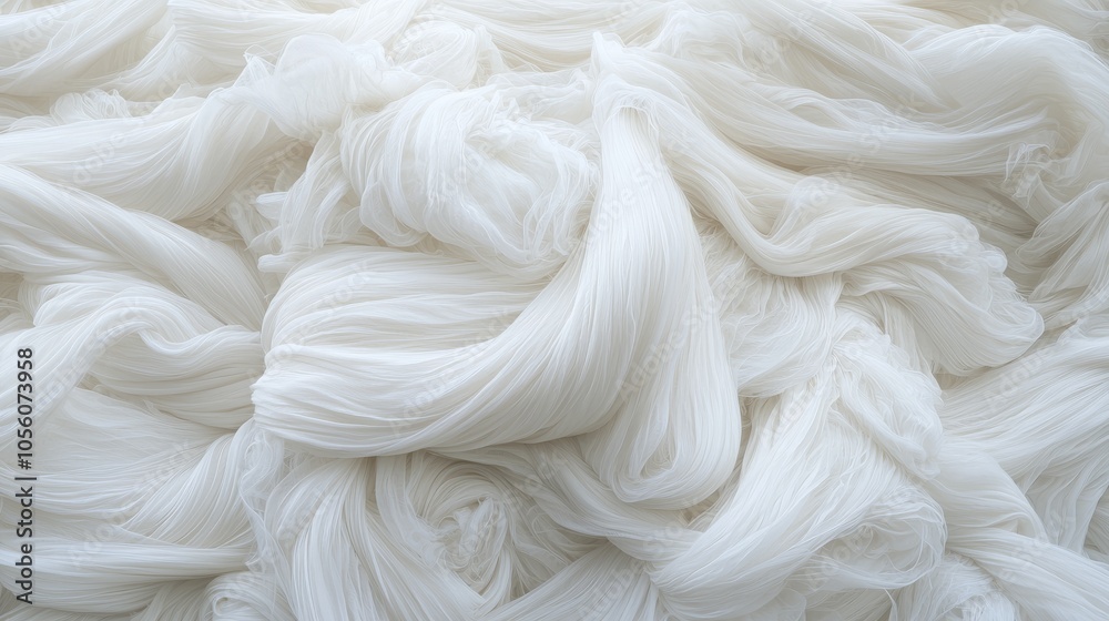 White rice noodles in a heap, creating a flowing texture. White rice noodles in a heap, creating a flowing texture.