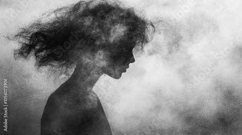 woman’s face obscured in a soft, white cloud, evoking themes of mental fog, introspection, and emotional depth. The image conveys a feeling of clouded thoughts, headache, and psychological introspecti photo