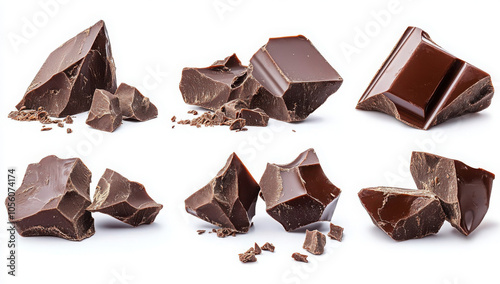 Set of dark chocolate pieces isolated on white background

