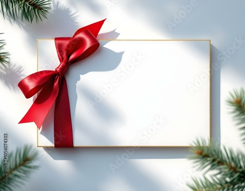 Elegant Blank Rectangular Card with Deep Red Satin Ribbon Bow and Gold Edging on White Background