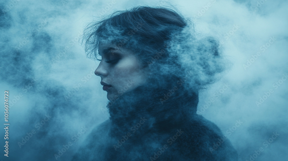 woman’s face obscured in a soft, white cloud, evoking themes of mental fog, introspection, and emotional depth. The image conveys a feeling of clouded thoughts, headache, and psychological introspecti