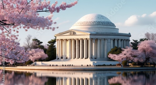 Springtime in washington, dc, the jefferson memorial reflected in the tidal basin with cherry trees in full bloom photo