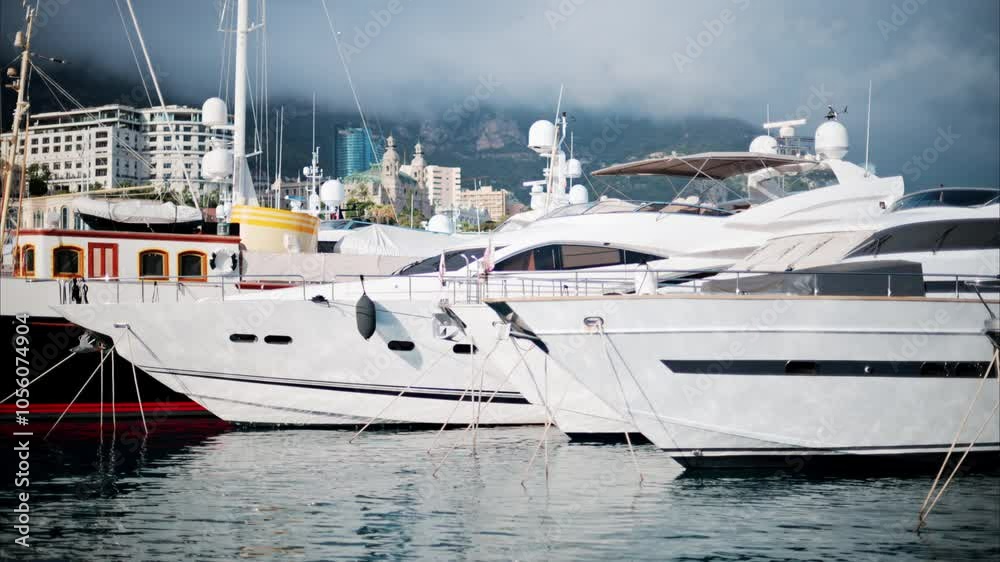 View of boats docked in the Monaco Marina with the skyline of the city on the background View of boats docked in the Monaco Marina with the skyline of the city on the background