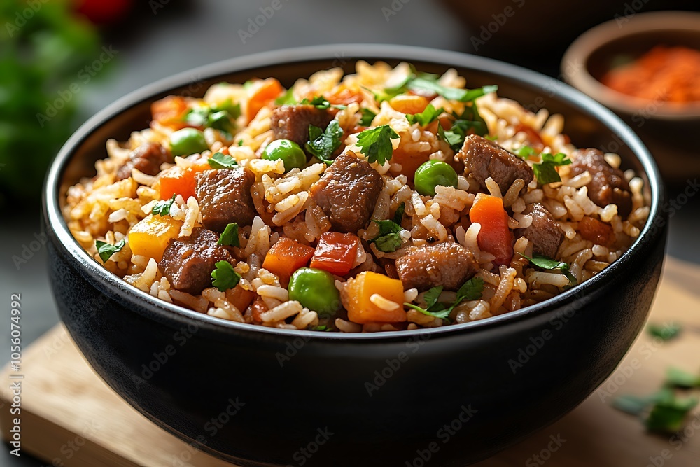 A hearty bowl of rice with meat and vegetables.