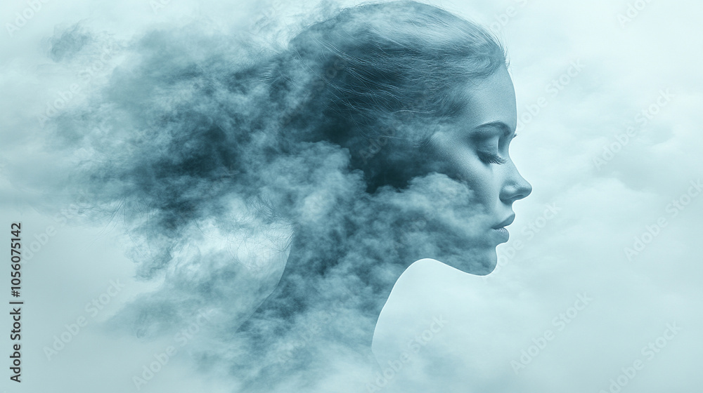woman’s face obscured in a soft, white cloud, evoking themes of mental fog, introspection, and emotional depth. The image conveys a feeling of clouded thoughts, headache, and psychological introspecti woman’s face obscured in a soft, white cloud, evoking themes of mental fog, introspection, and emotional depth. The image conveys a feeling of clouded thoughts, headache, and psychological introspecti