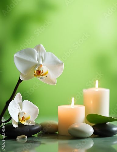 Soft green background features elegant orchids surrounded by candles and stones for a peaceful spa ambiance.