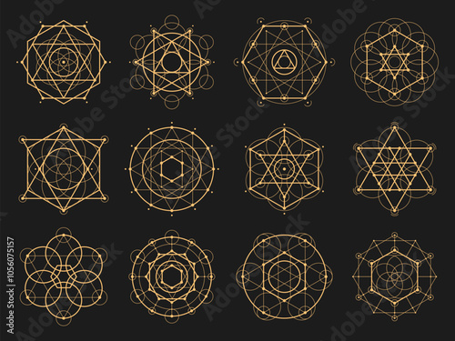 Sacred geometry, esoteric signs of occult and mystery Tarot cards, vector symbols. Sacred geometry of pentagram stars with mason pyramids and celestial symbols for astrology and alchemy or esoteric