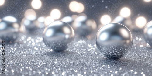 Silver Christmas balls shimmering on a silver glitter backdrop, festive holiday card design, 2025 celebration wishes