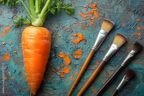 A single carrot and paintbrushes on a textured art canvas. photo