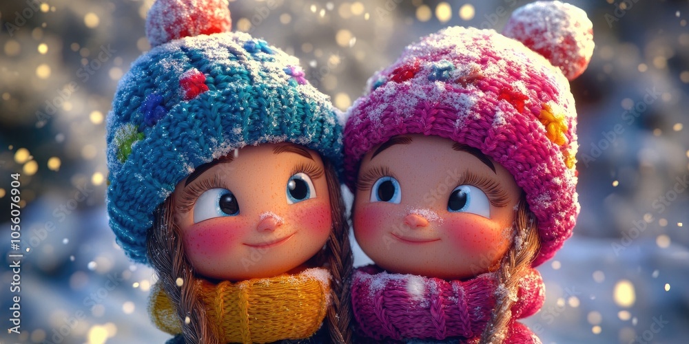 Fototapeta premium Adorable couple wearing colorful knitted hats, cozy winter fashion, perfect for seasonal celebrations