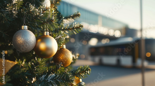 A beatifully decorated Christmas tree with golden and silver ornaments in front of a parked bus in an international bus station photo