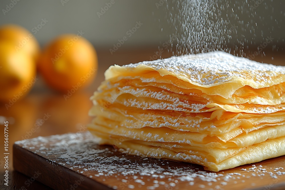 Stack of thin golden crepes dusted with powdered sugar. Stack of thin golden crepes dusted with powdered sugar.