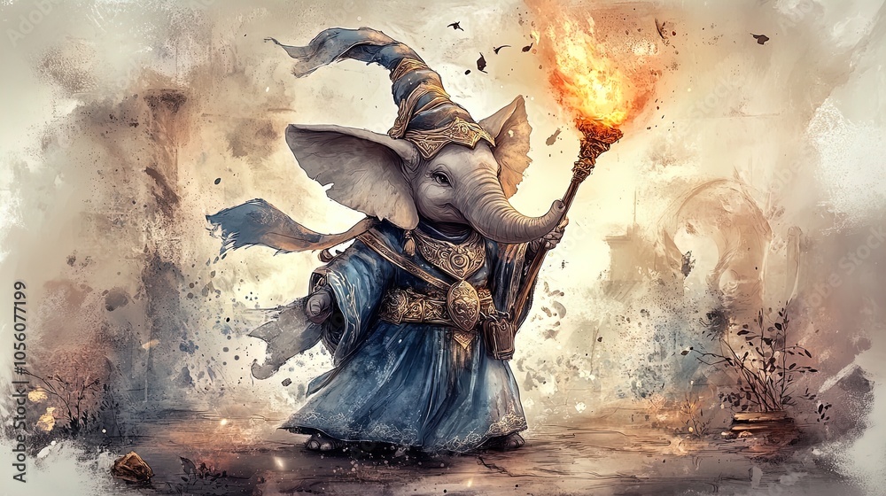 Obraz premium Enchanting Fantasy Elephant Wizard Poster: A Magical Masterpiece with Flickering Torch, Detailed Blue and Gold Robes, and Mystical Artifacts, Perfect for Sports Interior Decor!