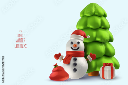Snowman with gift box and xmas tree. Merry Christmas and Happy New Year composition in 3d vector style. Holiday background for banner, card, flyer. Realistic cartoon illustration.