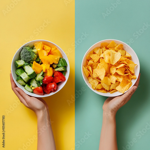 person holds a bowl of fresh vegetable salad, featuring vibrant greens, tomatoes, and cucumbers, while another hand offers a bowl of chips. The image contrasts healthy choices with indulgent snacks