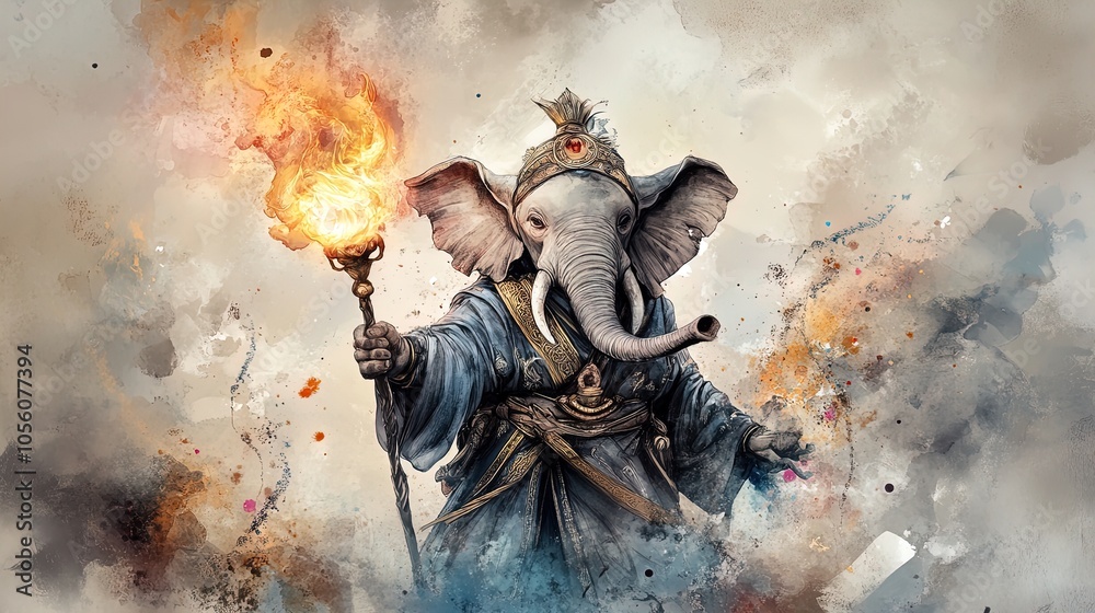 Enchanting Fantasy Elephant Wizard Poster: A Magical Masterpiece with Flickering Torch, Detailed Blue and Gold Robes, and Mystical Artifacts, Perfect for Sports Interior Decor! Enchanting Fantasy Elephant Wizard Poster: A Magical Masterpiece with Flickering Torch, Detailed Blue and Gold Robes, and Mystical Artifacts, Perfect for Sports Interior Decor!