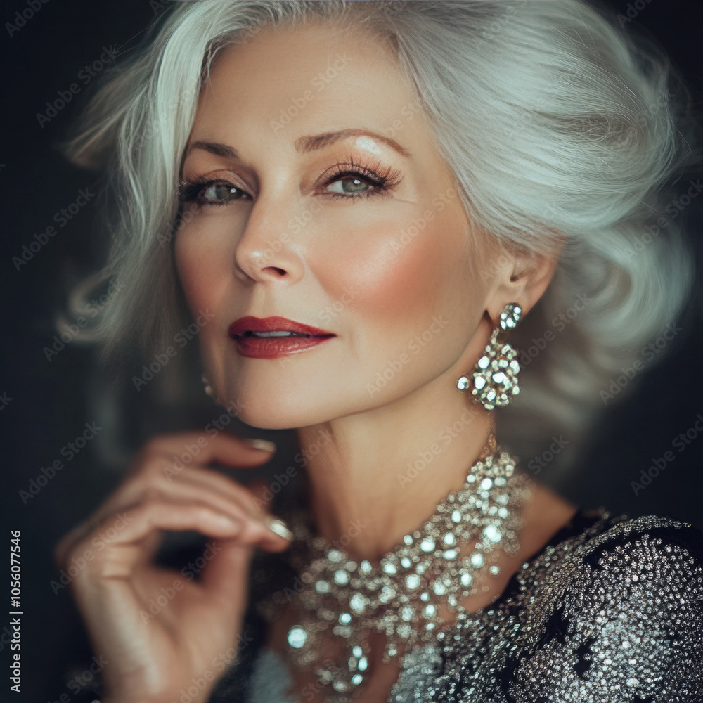 Fototapeta premium An old and beautiful woman wears sparkling jewelry, her elegance shining through. Each piece tells a story of grace and timeless beauty.