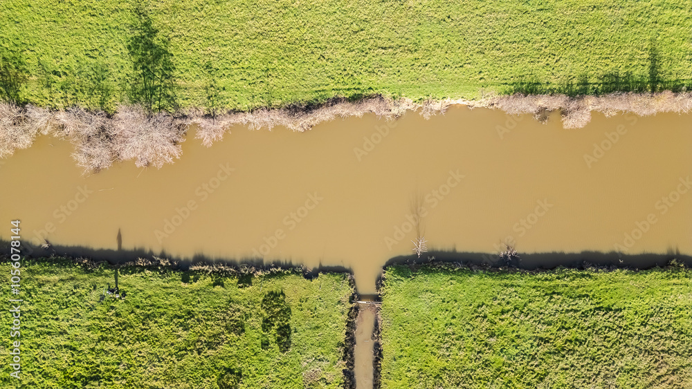 Aerial drone view of a flood zone along the Jaunay River near Givrand, France