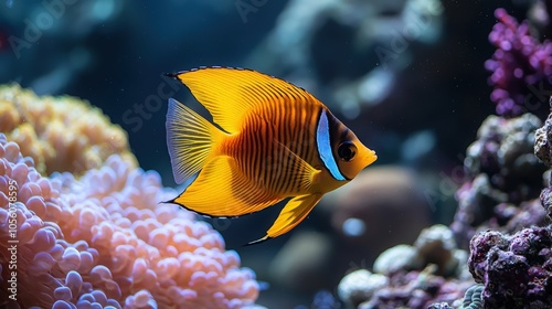 Vibrant orange fish swimming among coral reefs in a clear tropical sea environment