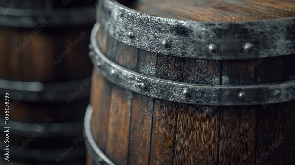 Close-up of wooden barrels with metal bands, suggesting storage or aging of liquids. Close-up of wooden barrels with metal bands, suggesting storage or aging of liquids.