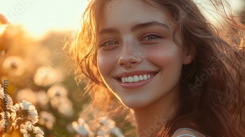 Smiling young woman enjoying the sunset in a flower field