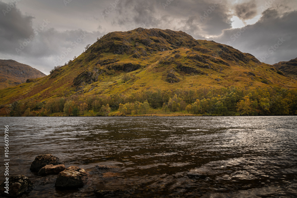 Fototapeta premium A cold, cloudy, autumnal HDR image of the remote, Loch Eilt, separating Morar and Moidart in Lochaber, Scotland.