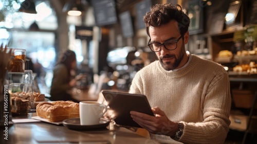 Inside a bustling cafe, a man in glasses is focused on his tablet while seated at a table. He has a coffee and a croissant, enjoying the warm ambiance and the aroma of freshly baked goods.