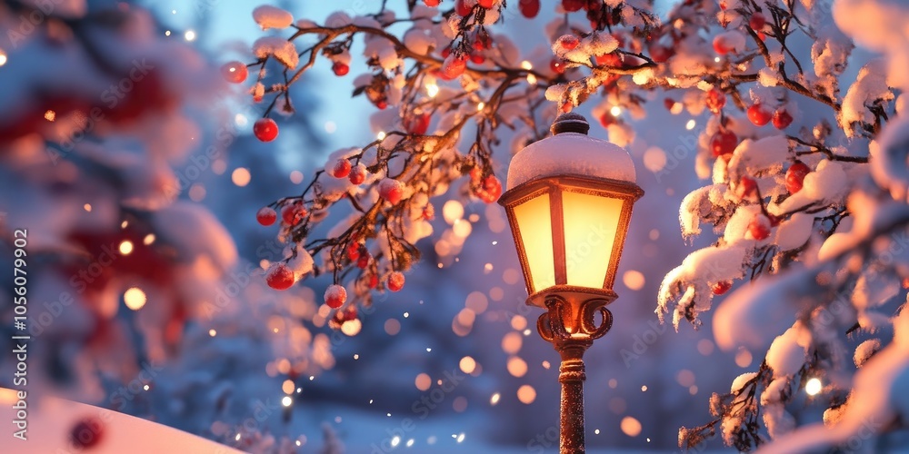 Lamp post surrounded by snow-covered tree branches, highlighting a serene winter urban scene, festive winter wonderland, Christmas, snowfall Lamp post surrounded by snow-covered tree branches, highlighting a serene winter urban scene, festive winter wonderland, Christmas, snowfall